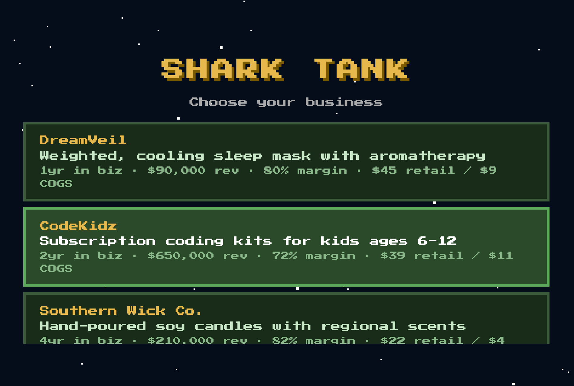 Opening screen of Shark Tank 8-Bit Game