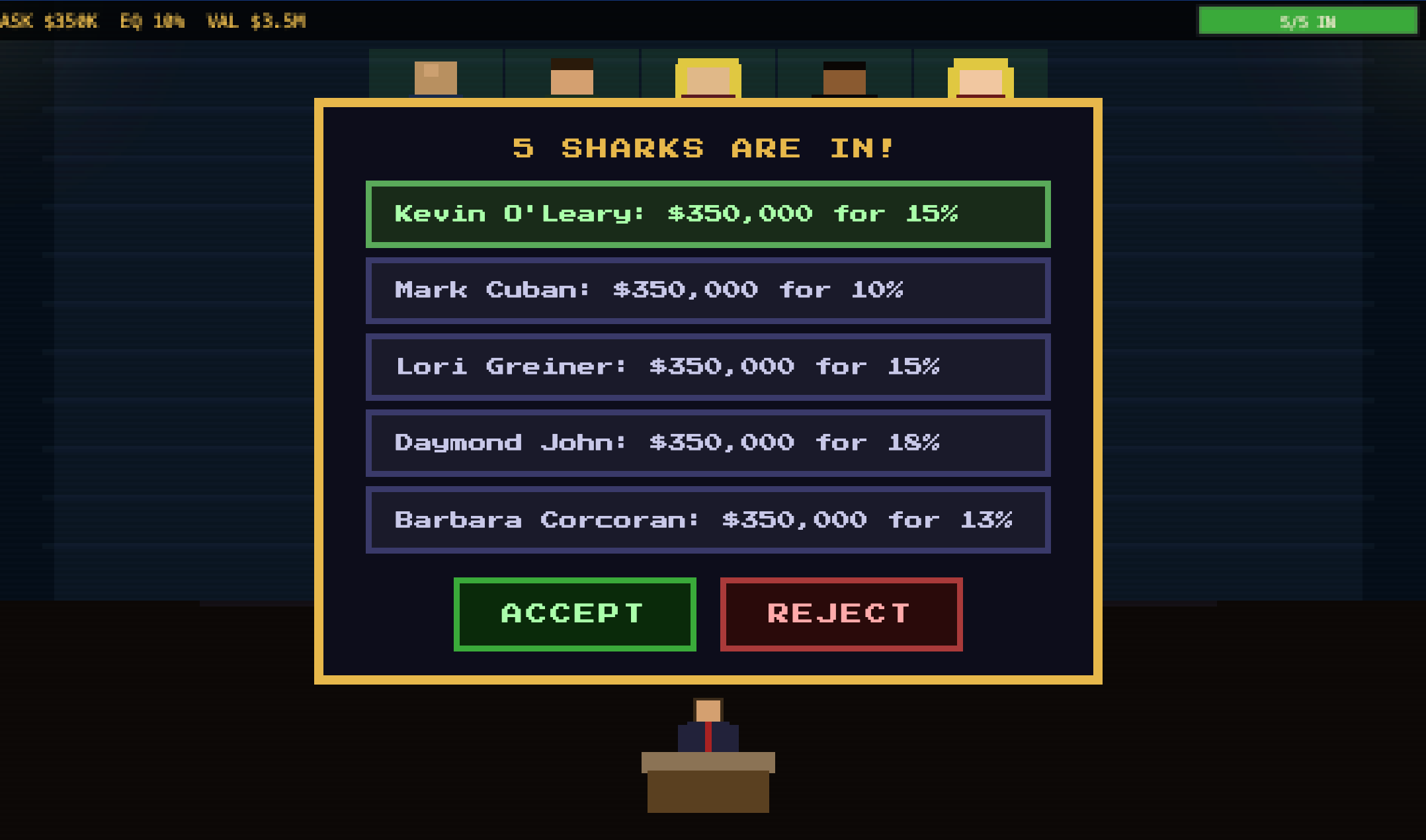 Offers screen of Shark Tank 8-Bit Game